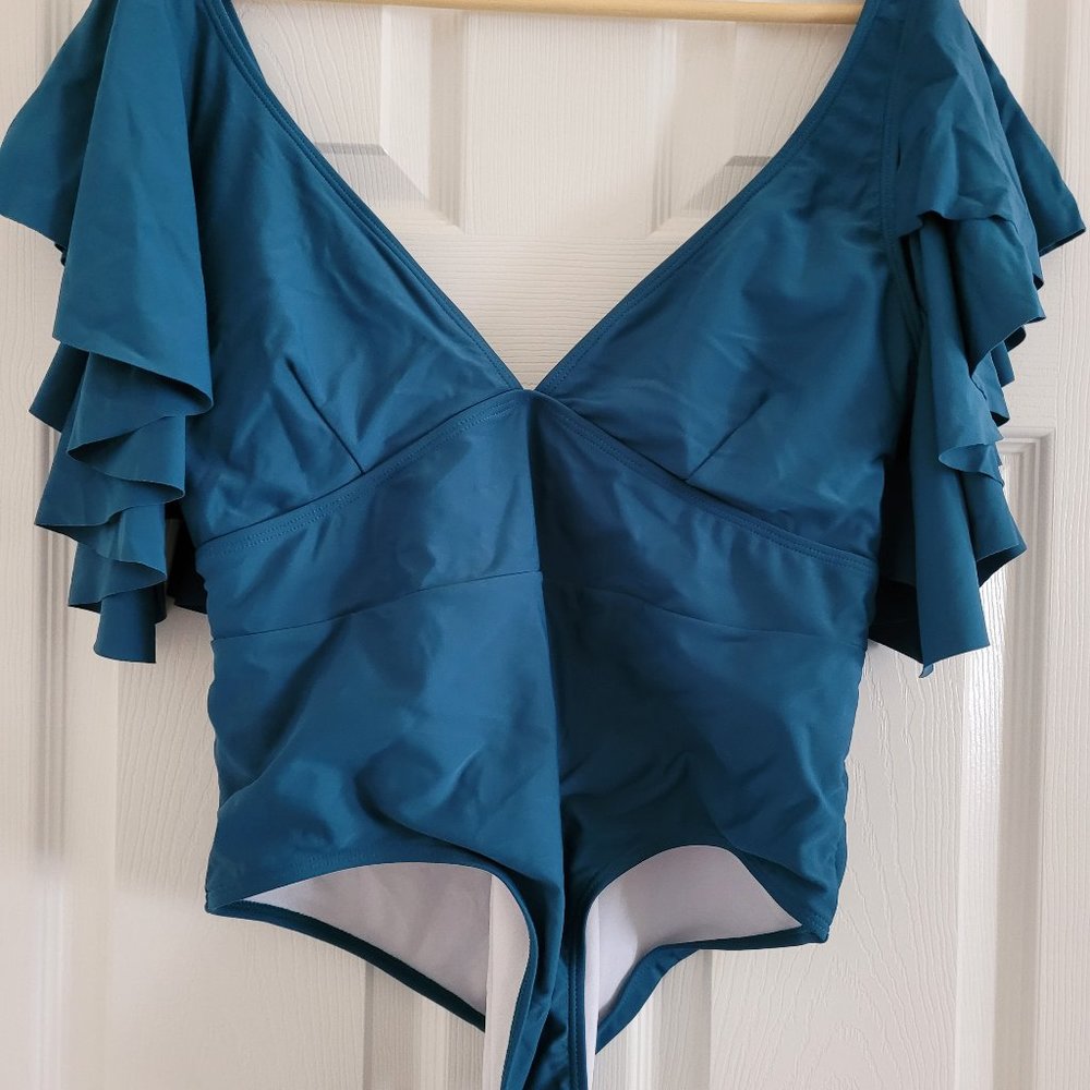Davi and Dani teal one piece ruffle swimsuit